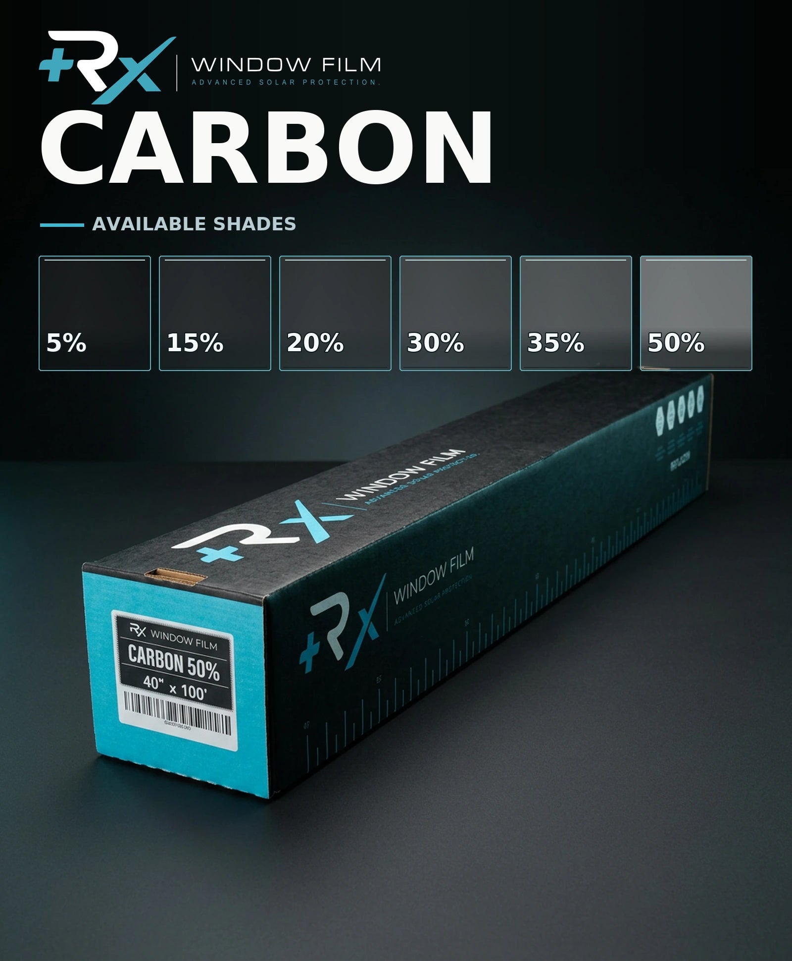RX Carbon window film — available shades and complete product box